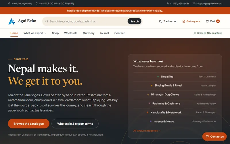 Agni Exim homepage showing a Nepali export catalogue of tea, singing bowls and spices