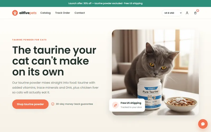 All Five Pets homepage selling a taurine powder supplement for cats