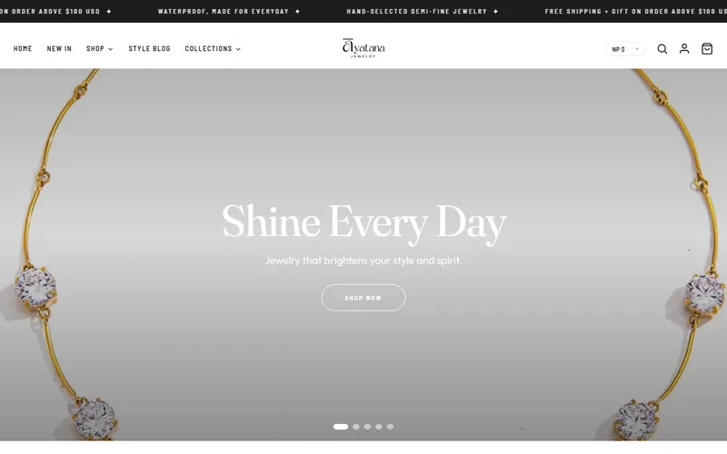 Ayatana Jewelry homepage with a full-width product photograph and the headline Shine Every Day
