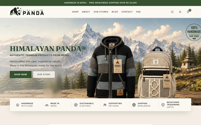 Himalayan Panda homepage showing handcrafted jackets and bags made in Nepal