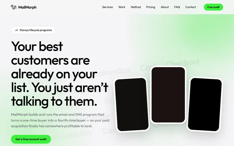 MailMorph Media homepage with phone mockups and the headline about talking to your existing list