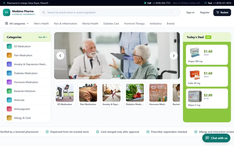 Medizivo Pharma homepage with a medicine category browser and search