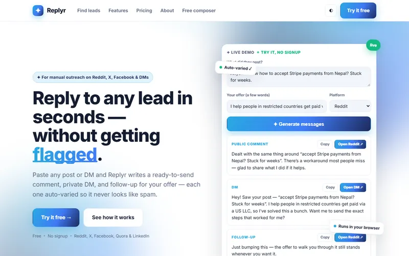 Replyr homepage showing the composer that drafts a reply to a sales lead
