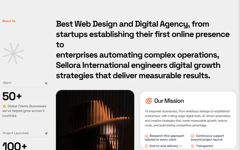 Sellora International about section describing its web design and automation services