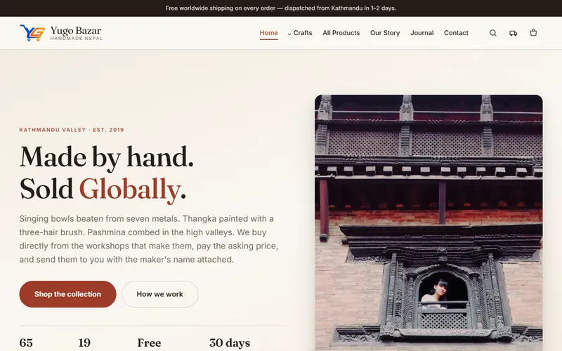 Yugo Bazar homepage, a Nepali handicraft store with the headline Made by hand, sold globally